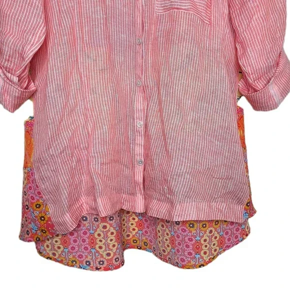 Soft Surroundings Island Linen Button Down Roll-Tab Sleeve Tunic Top L Floral - Picture 4 of 7